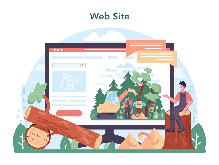 Vector timber industry and wood production online service or platform. logging and woodworking process. global industry classification. website. vector illustration