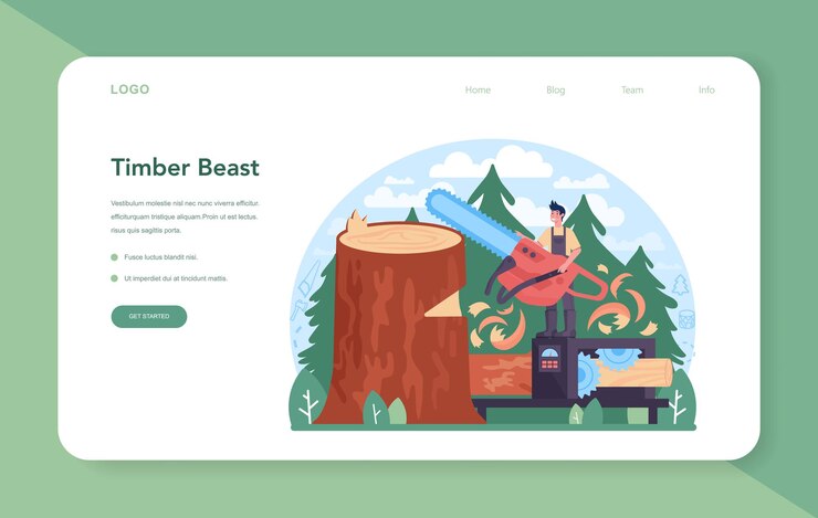 Vector timber industry and wood production web banner or landing page. logging and woodworking process. forestry production. global industry classification standard. isolated flat vector illustration