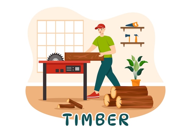 Vector timber vector illustration with man chopping wood and tree with lumberjack work equipment machinery