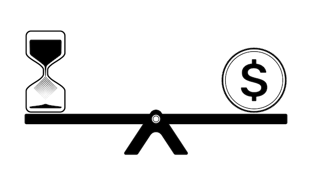 時間とお金のバランスの概念 シーソー シンボル ベクトル図の砂時計とドル硬貨