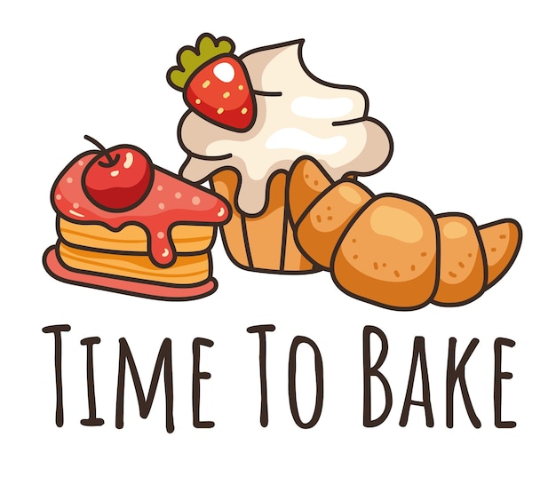 Time to bake logo sticker bakery pastry concept flat graphic design illustration