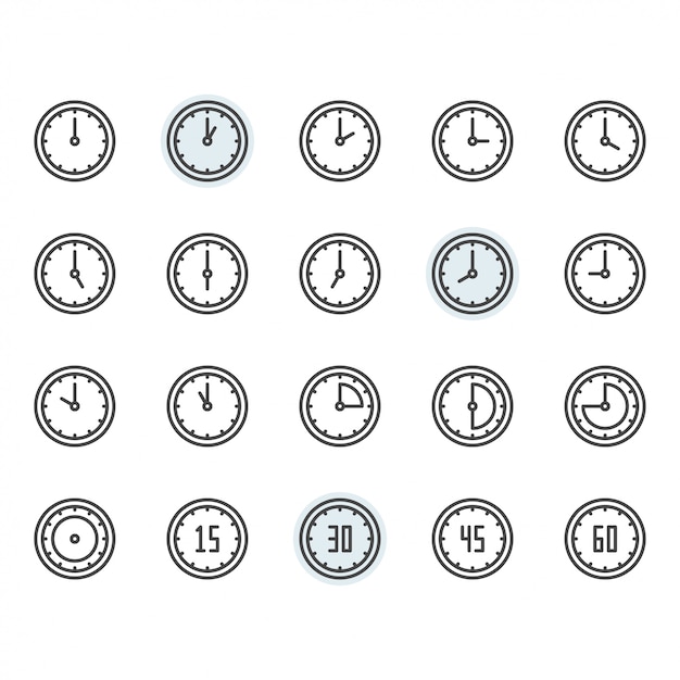 Vector time and clock icon and symbol set in outline