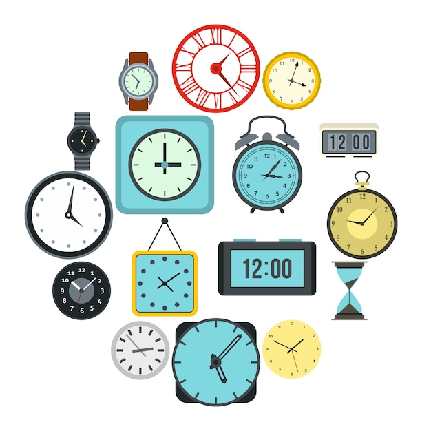 Vector time and clock icons set, flat style