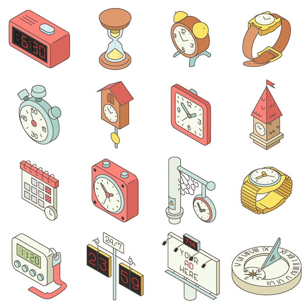 Time and clock icons set. isometric illustration of 16 time and clock vector icons for web