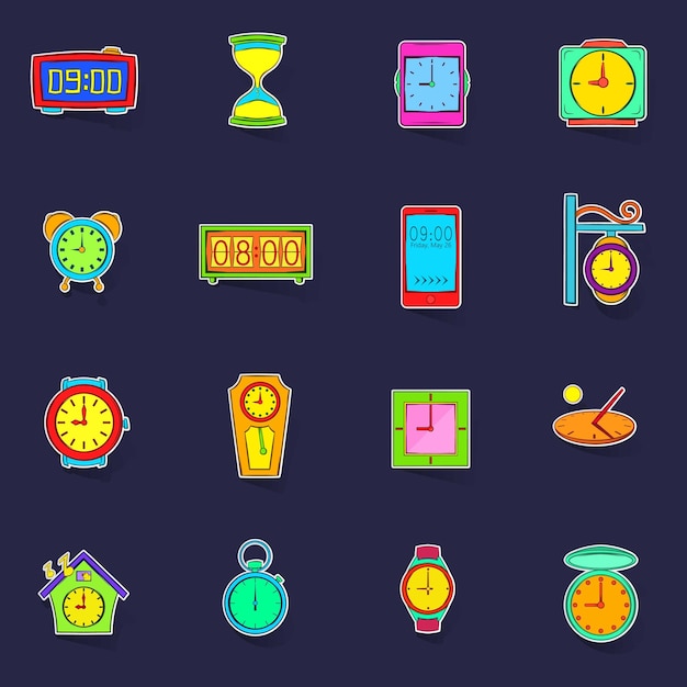 Time and clock icons set vector sticker