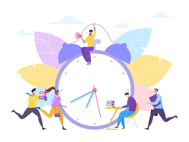 Vector time clock for work vector illustration business people character control flat deadline and cartoon