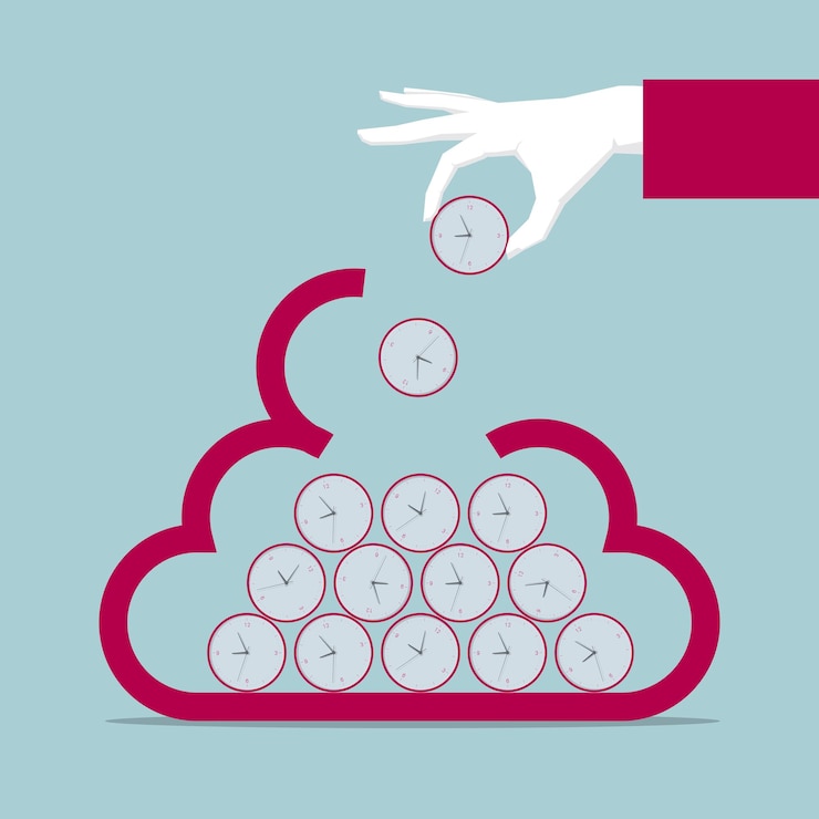 Vector time concept design, one hand holding clock, put in cloud symbol.