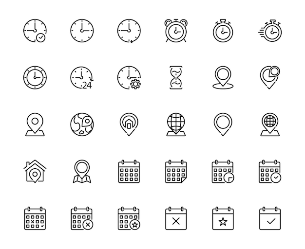 Vettore il concetto di orario, data e indirizzo, le icone del contorno del tratto, l'illustrazione vettoriale del set