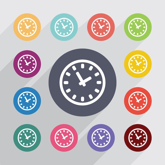 Time, flat icons set. Round colourful buttons. Vector