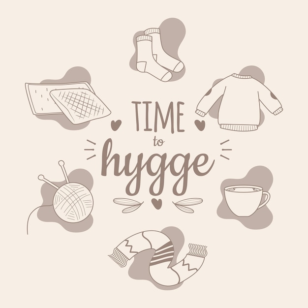 Vector time to hygge concept template with winter seasonal items vector