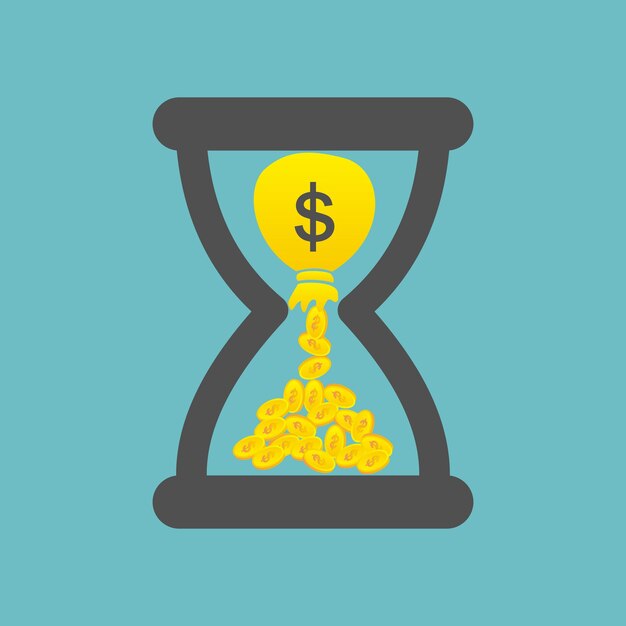 Time is money concept with golden coins and bag of money in a hourglass