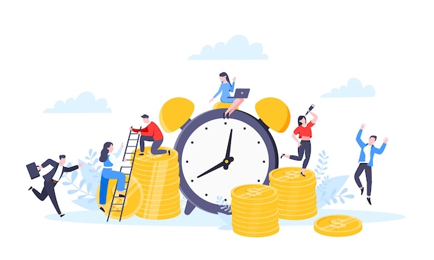 Time is money or saving money business concept. Tiny people working with clock, calendar schedule.