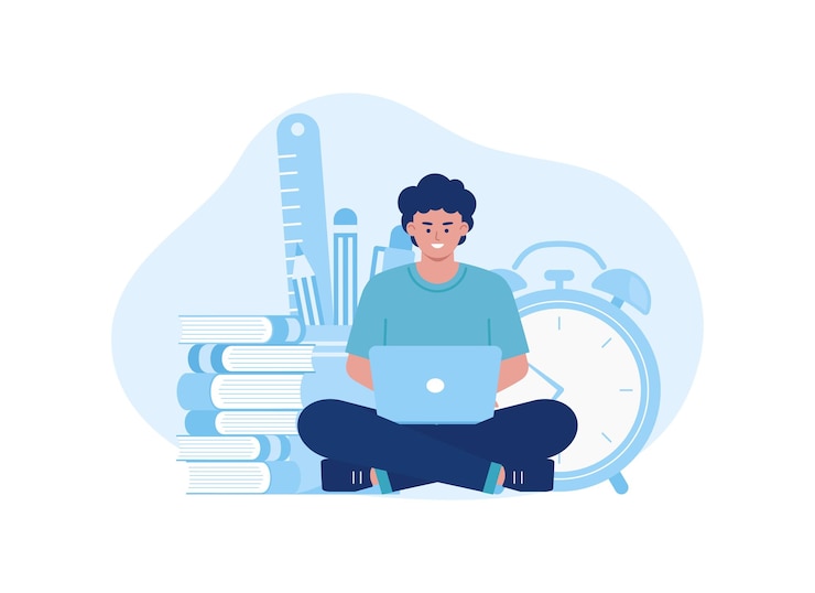 Vector time to learn students are sitting and studying using laptops trending concept flat illustration