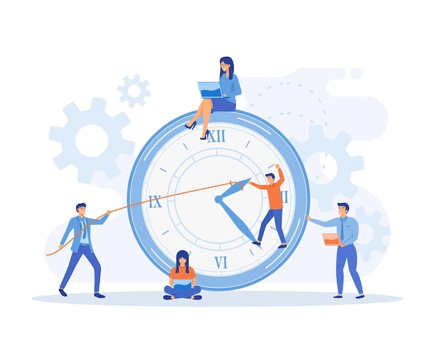 Time management actieve groep mensen die hun dagelijkse routine productief doen om doel platte vector moderne illustratie te bereiken