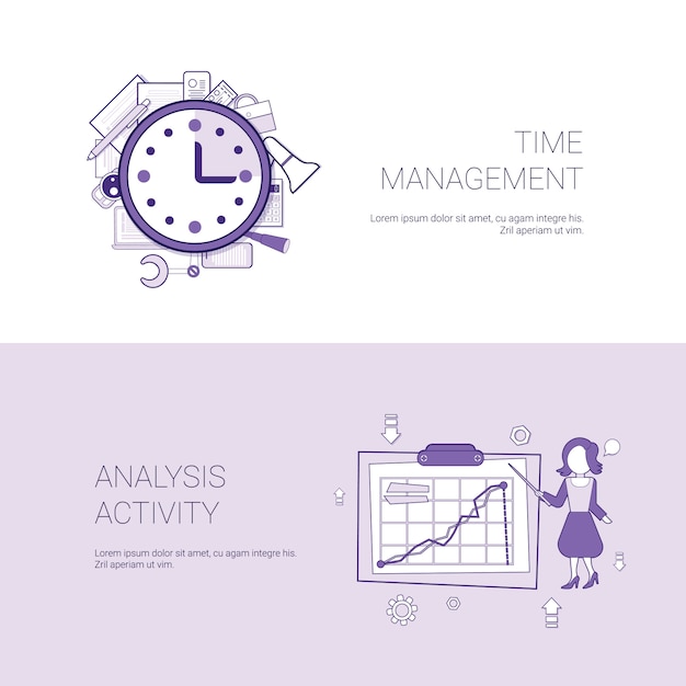 Time management and analysis activity concept template web banner with copy space