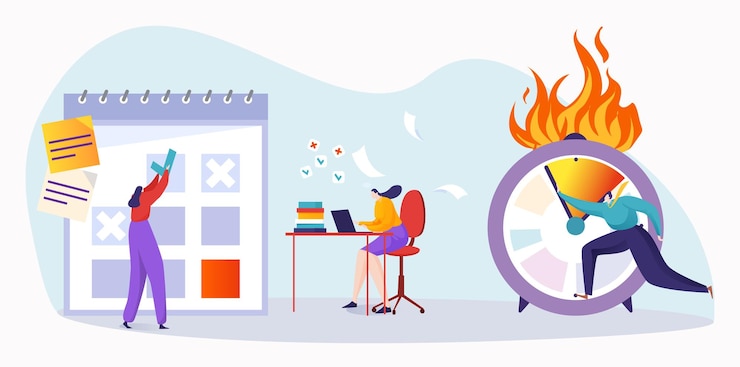 Vector time management to business deadline vector illustration flat tiny man character stop time at burning clock woman work at laptop