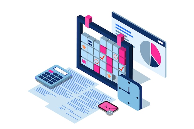 Vector time management business strategy planning concept vector 3d isometric illustration of schedule mobile app eps