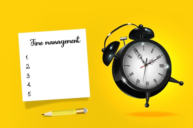 Time management concept black alarm clock on a yellow background