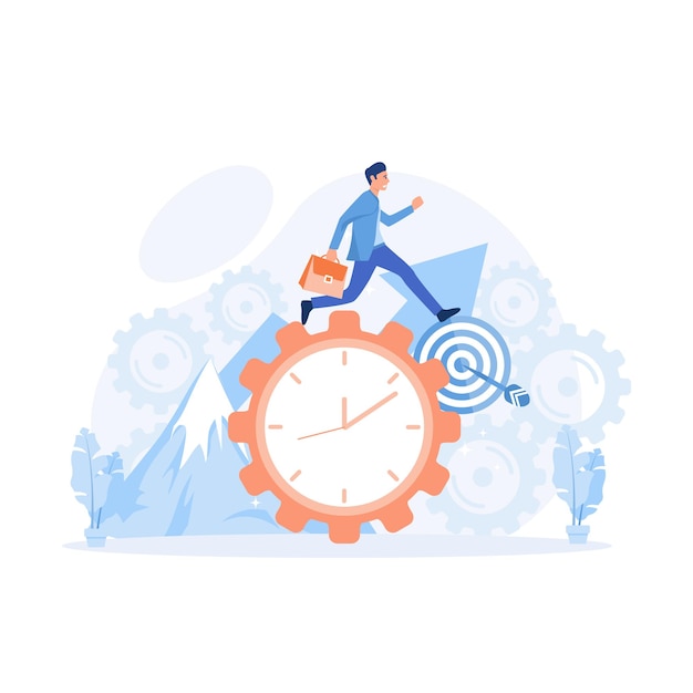 Concetto di gestione del tempo, l'uomo d'affari corre lungo l'ingranaggio sotto forma di orologio. illustrazione moderna di vettore piatto