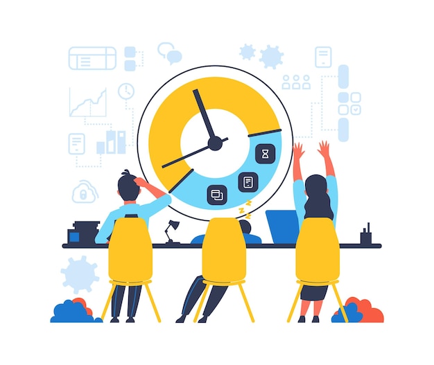 Time management concept. Cartoon people work hard in office. Smart timetable, online planner application for multitask work. Infographics for control business process vector flat isolated illustration