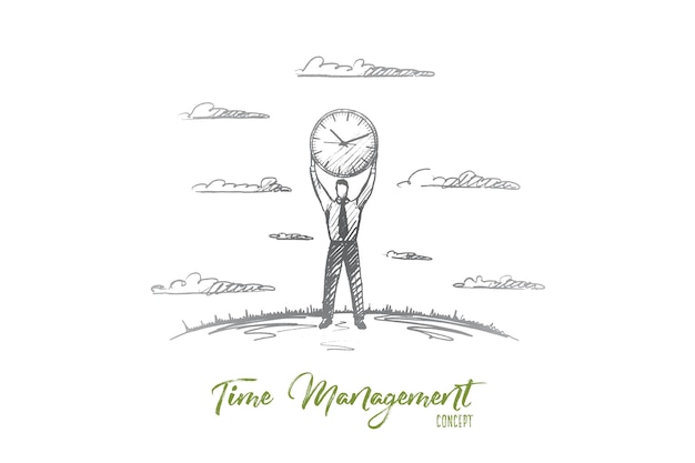 時間管理の概念。彼の頭の下に大きな時計を保持している手描きの男。時間とスケジュールの孤立したイラストを運ぶビジネスマン。