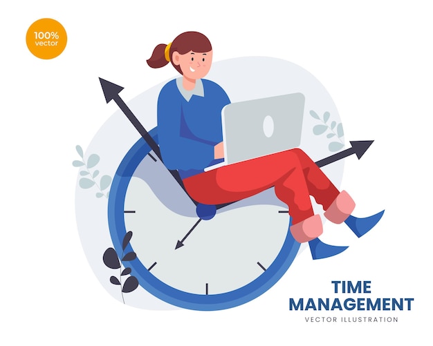 Concetto di gestione del tempo illustrazione con la ragazza o la donna d'affari che lavora con il computer portatile sopra l'orologio.
