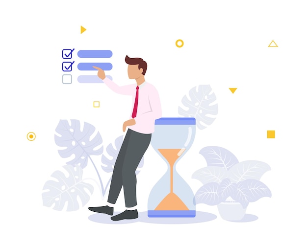 ビジネスマンが立っている時間管理の概念は、モダンなフラットスタイルの砂時計でtodoチェックリストを管理します