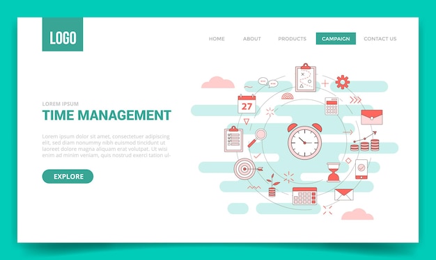 Time management concept with circle icon for website template or landing page, homepage outline style