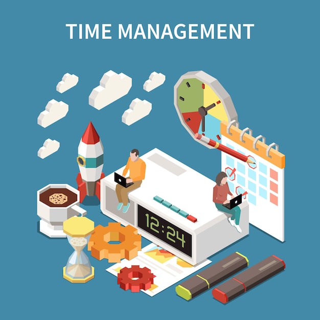 Time management concept with deadline at work symbols isometric