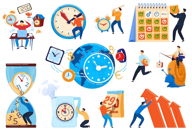 Time management concept, zakelijke mensen deadline, set stripfiguren, illustratie