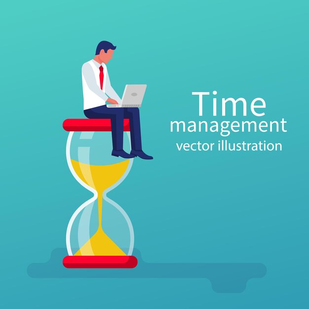 Time control concept, organization of process, businessman standing at wall  with clock adjusts time 5977298 Vector Art at Vecteezy