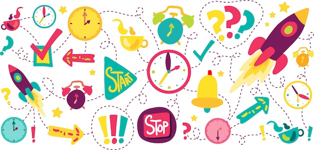 Time management dash line illustrations set