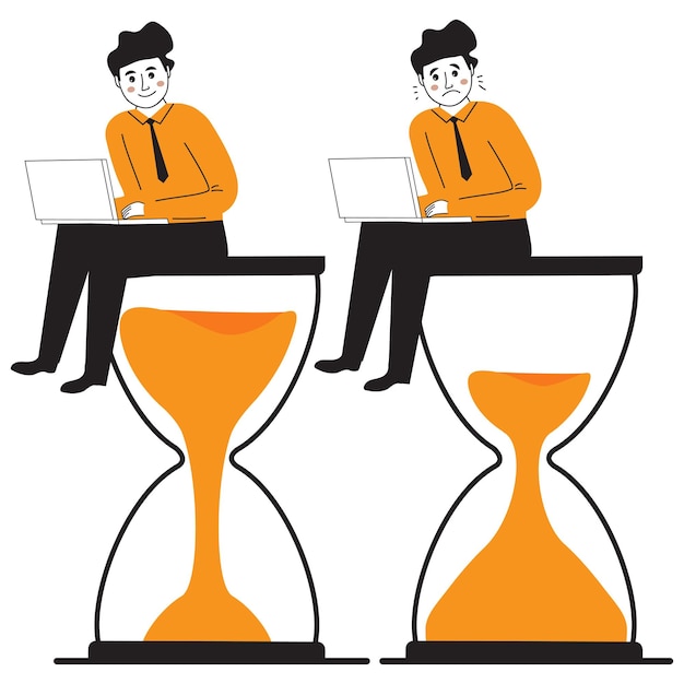 Time management deadline Man sitting on an hourglass and working laptop procrastination