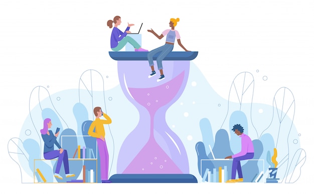 Time management and deadline, teamwork character concept big hourglass with people flat  illustration. Project, business planning, process organization for business training effective work