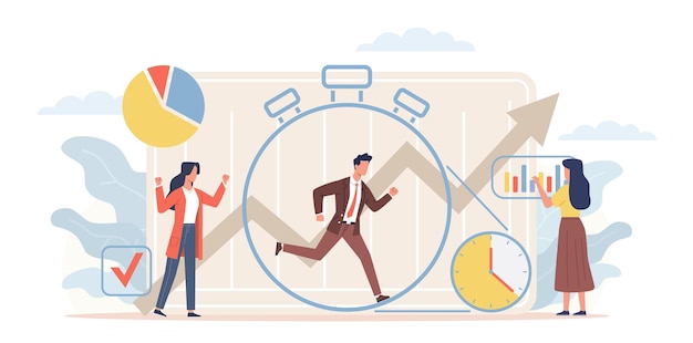 Vector time management deadline workflow organization efficiency productive strategy people promptly completing business project organization of process job plan and schedule vector cartoon flat concept