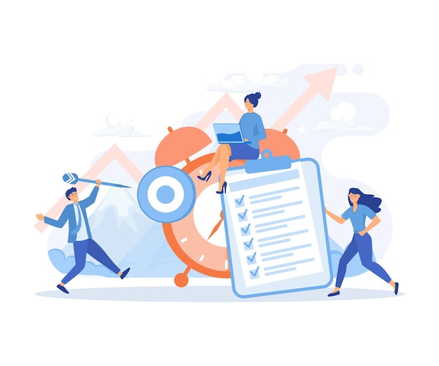 Vector time management discipline active group of people doing their daily routine productively to reach goal flat vector modern illustration