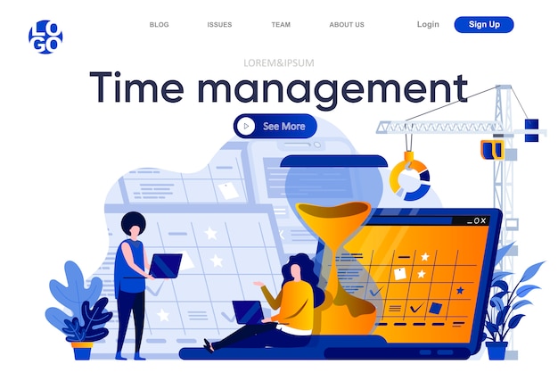 Pagina di destinazione piatta per la gestione del tempo. dipendenti che pianificano le loro attività lavorative e attività con l'illustrazione del calendario. gestione del tempo ed efficienza composizione della pagina web con personaggi di persone.
