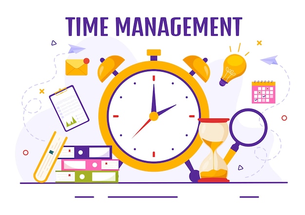 Иллюстрация тайм-менеджмента с элементами управления часами и расписанием занятий по планированию учебных мероприятий