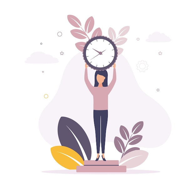 Vector time management illustration of a woman holding a watch with a dial in her hands above her head on the background of leaves clouds stars gear