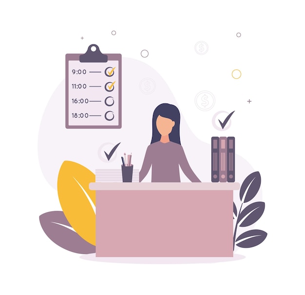 Time management Illustration of a woman sitting at a table on which papers and folders above them a check mark about a job on a background a graph plants coins