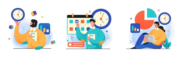 Vector time management illustrations of people successfully organizing their tasks and appointments