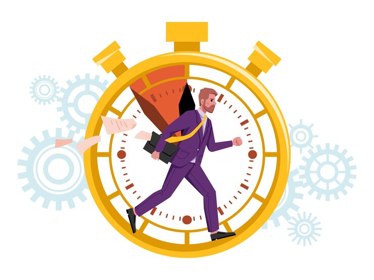 Vector time management man runs in stopwatch deadline