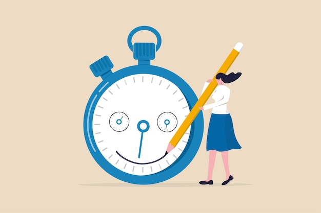 Vector time management, manage project deadline, improve work efficiency or productivity to finish project on time concept,  happy entrepreneur woman drawing smile face on time counting down timer clock.