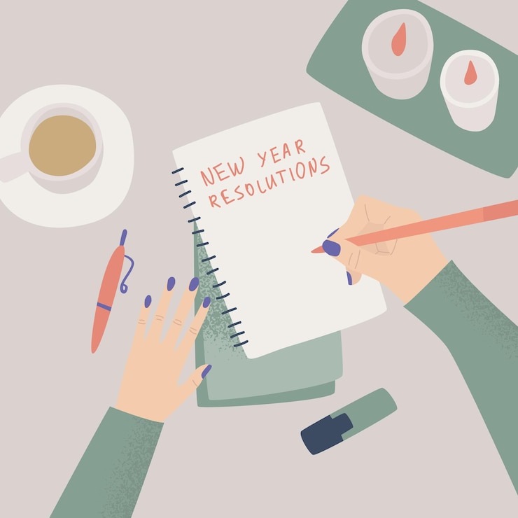 Vector time management multitasking effective month planning to do list womans hands writing plan in notebook at cozy home colorful vector flat cartoon top view illustration job schedule optimization