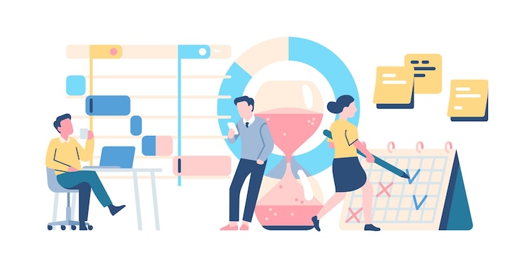 Vector time management. office employees distribute tasks in gliders. effective work process planning. high productivity teamwork. job scheduling. business people with hourglass and calendar. vector concept