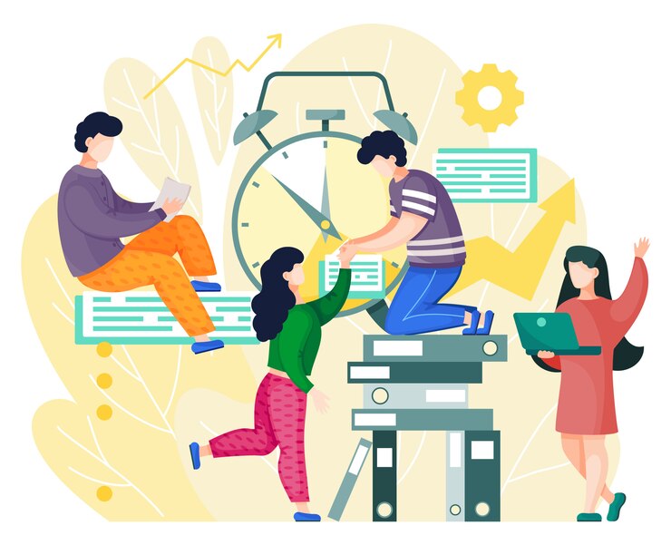 Vector time management organization, office workers working at joint project, planning business plan