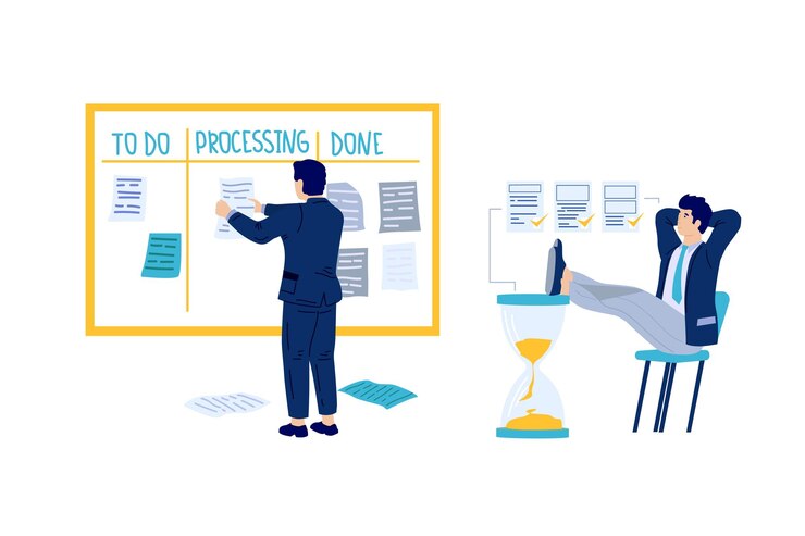 Vector time management people planning office work and strategy tasks priority and agenda control kanban and hourglass schedule planner men working effective vector goals organization