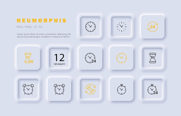 시간 관리 설정 아이콘 시계 알람 시계 24시간 알림 스톱워치 분 달력 손목시계 벽시계 시간 엄수 개념 네오모피즘 스타일 비즈니스를 위한 벡터 라인 아이콘