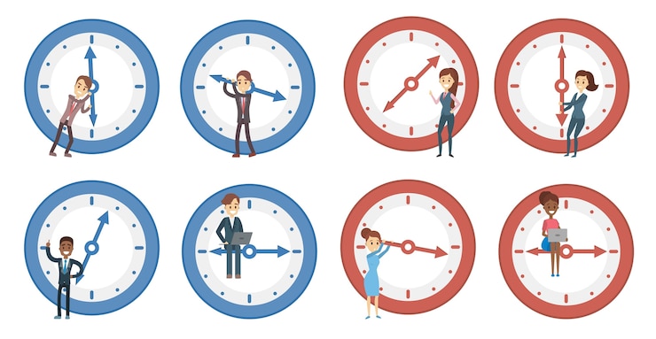Vector time management set. people with alarm clock.