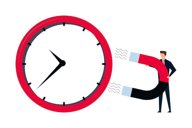 Time management smart businessman using magnet to stop clock hand metaphor of time manipulation